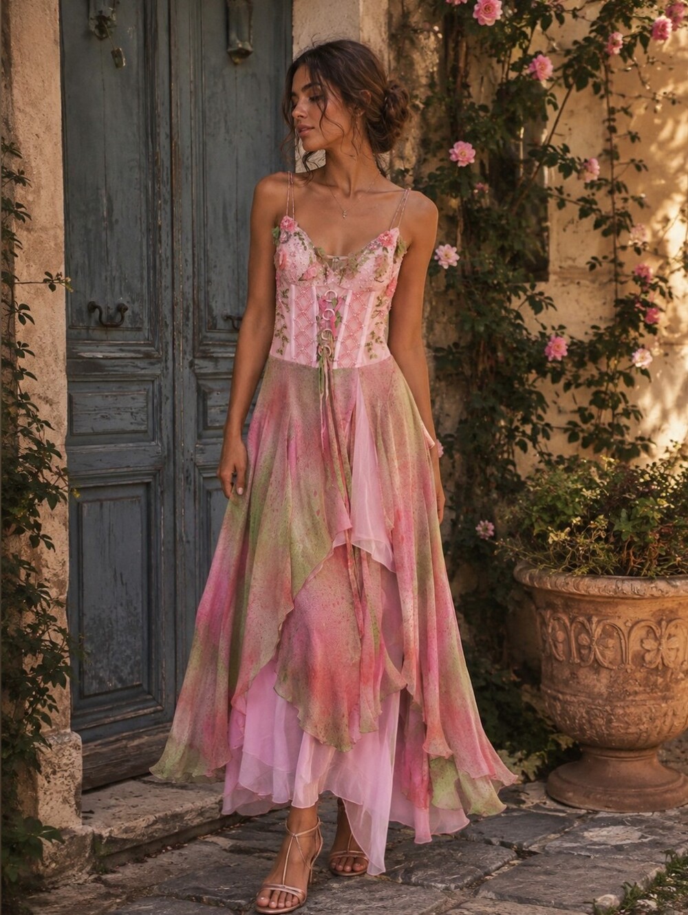 Dolce Jovani Vintage Silk Corset Maxi Multicolour Dress Sz 8 Whimsical Fairycore